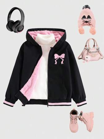 Höst/vinter för flickor, moderiktig, avslappnad, termofodrad bomullsjacka med huva, klassisk svart basfärg med rosa bokstavstryck och rosettdekoration på ryggen, lös passform, bekväm, ribbade muddar och fåll med rosa ränder för en söt och cool look