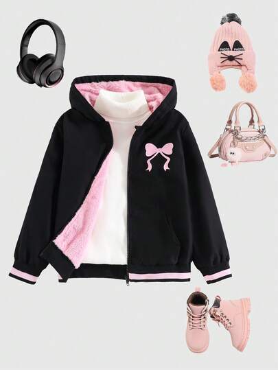Autumn/Winter Tween Girls' Fashion Casual Thermal Lined Hooded Cotton Jacket, Classic Black Base Color With Pink Letter Print And Bow Decor On Back, Loose Fit, Comfortable, Ribbed Cuffs And Hem With Pink Stripes For Sweet And Cool Look