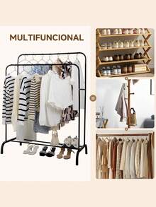 Perchero rack organizador doble para ropa armario closet multifunción hogar almacenamiento prendas soporte metálico resistente mueble dormitorio práctico organizador vestidor - Negro - Ver 7