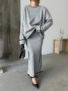 Knopf-detailliertes Rock Set, einfarbiges Lässig Spalt geripptes Knopf Zweiteiler Set für Homewear - Dunkelgrau - Übersicht 3