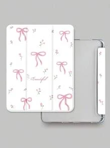Beautiful Pink Letter Flower Bow Painted Pattern Transparent Silicone Shock-Absorbing Stand With Pen Slot, Suitable For Galaxy Tab A8 10.5, S6 Lite 10.4, S7/S8/S9Inch. It Supports Waking Up From Sleep As A Holiday Gift