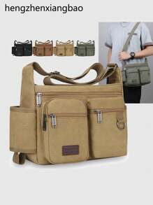 Multi-Pocket Canvas Shoulder Bag – Casual Utility Crossbody Satchel For Men, Daily Travel Organizer With Bottle Holder