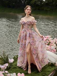 Faeriesty 奢华优雅露肩花卉晚礼服，荷叶边袖子和高开衩，花卉印花欧根纱修身紧身胸衣 - 适合婚礼、花园派对、舞会和浪漫春晚的正式礼服 - 粉色 - 查看 8