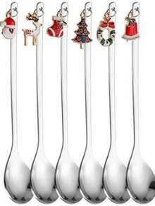 6PCS不锈钢圣诞勺高美咖啡勺甜品勺叉跨境圣诞挂件勺叉手持礼物精美圣诞节咖啡勺水果叉餐具套装 - 彩色 - 查看 5