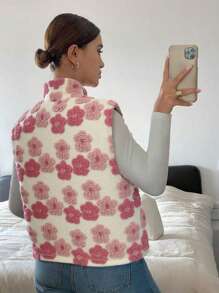 女士休闲保暖外套，花卉图案羊羔绒拉链高领背心，冬季 - 白色 - 查看 3