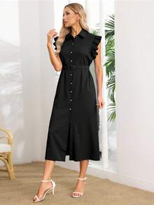 Vestido Camisero Unicolor Para Mujer Con Botón Delantero Con Cinturón,Vestido Largo Elegante De Manga Corta Con Volante De Verano - Negro - Ver 3