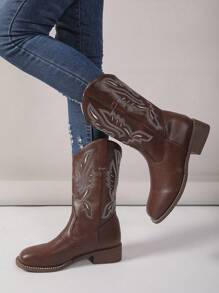 女士时尚方头刺绣套穿舒适西部靴，加大码及膝靴，秋冬款