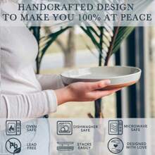 Mora Ceramic Flat Pasta Bowl Set Of 4-35oz, Microwave Safe Plate With High Edge - Modern Porcelain Dinnerware For Kitchen And Eating, Large Wide Bowls/Plates For Serving Dinner, Salad, Etc- Grey,7260012