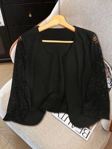 Veste courte élégante à manches 3/4 en dentelle et patchwork, ouverte devant. Convient pour le travail et diverses occasions. Vêtements d'automne pour femmes - Noir - Voir 4
