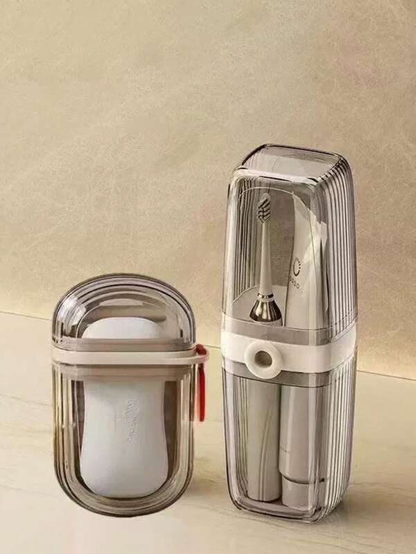 1pc Elegant Transparent Gray Travel Toothbrush And Toothpaste Storage Box, Versatile Rinsing Cup, Stylish Soap Holder, Perfect Couple Bathroom Set, Chic Toothbrush Cup Organizer For Modern Home Decor, Ideal For Travel And Daily Use, Enhances Bathroom Aesthetics And Functionality, Perfect Gift For Newlyweds And Couples, Must-Have Bathroom Accessory For A Neat And Organized Space