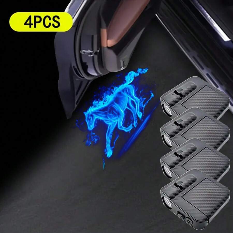 4pcs Car Door Decoration Lights - Blue Horse Projector - Universal Wireless Door LED Projection Lights, Door Step LED Welcome Sign Shadow Ghost Light Projection Lights, Suitable For All Brands Of Car LED Door Welcome Decoration Lights, Car Accessories, Decorative Lights, Male And Female Car Accessories - 藍色 - 查看 1
