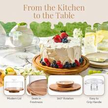 Rotating Cake Stand With Lid 12 Inch Round Cake Holder With Cover 4 Tall Acacia Wood Spinning Cake Turntable For Decorating Display And Serving Platter Acrylic Cake Dome No Glass - Brown - View 6