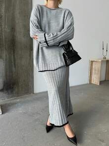 Knopf-detailliertes Rock Set, einfarbiges Lässig Spalt geripptes Knopf Zweiteiler Set für Homewear - Dunkelgrau - Übersicht 4