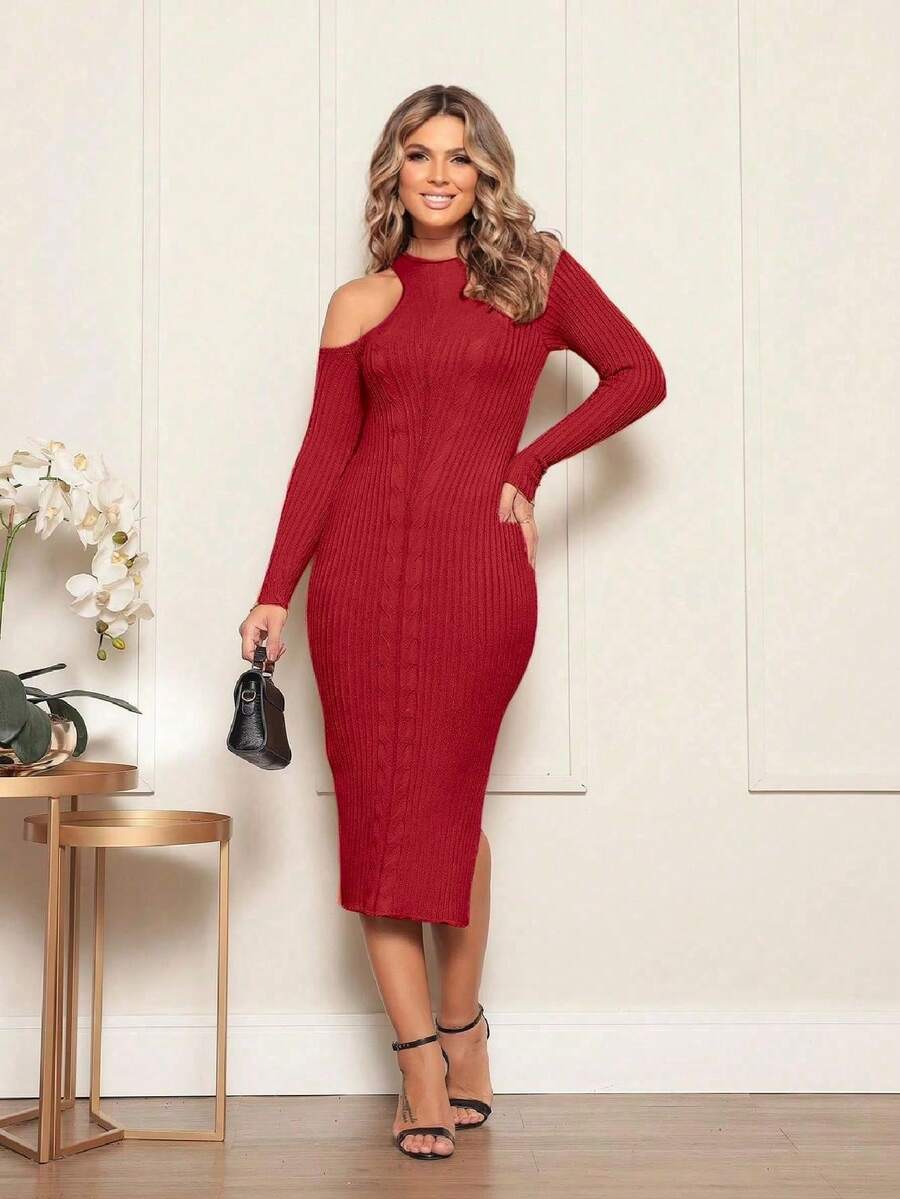 Vestido Com Fenda Lateral Tricot Modal Malha Canelada - Marsala - Visão 1