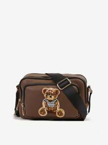 Borsa a tracolla con tre scomparti decorata con un orso