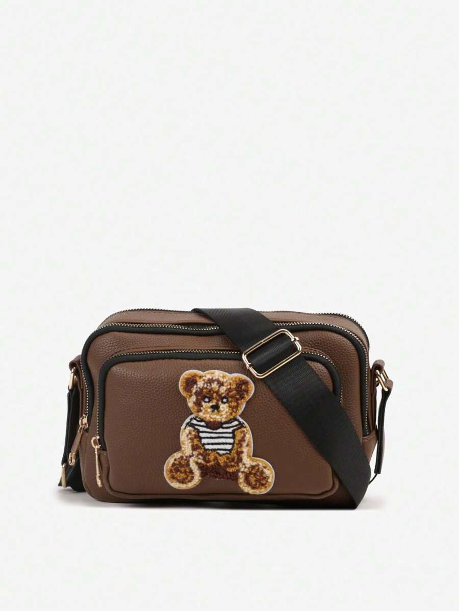 Borsa a tracolla con tre scomparti decorata con un orso