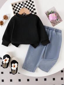 2 件套女婴蝴蝶印花黑色圆领长袖运动衫和蝴蝶装饰松紧腰牛仔裤套装 - 黑色 - 查看 2