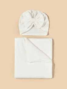 2件套新生儿婴儿襁褓毯和帽子套装，婴儿包巾毯和针织帽套装，适合0-6个月的女婴 - 彩色 - 查看 13