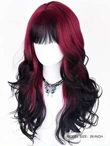 26" Glamorous Wavy Curly Long Hair Wigs - Synthetic Women Black Red Highlights Cosplay Daily Party Clothing Wig Halloween Party(Excluding Accessories) - Red Highlight - View 2