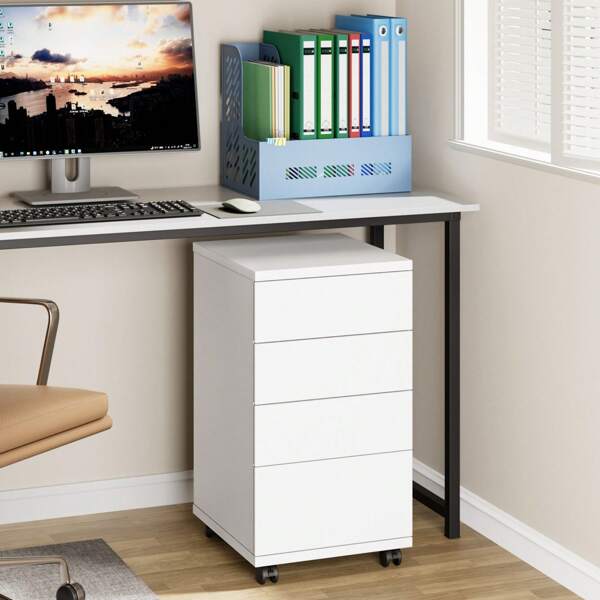 Rollcontainer mit 4 Schubladen, Aktenschrank mit Rollen, Büroschrank, unter dem Schreibtisch, für Zuhause und Büro, weiß, 33 x 39 x 63,5 cm
