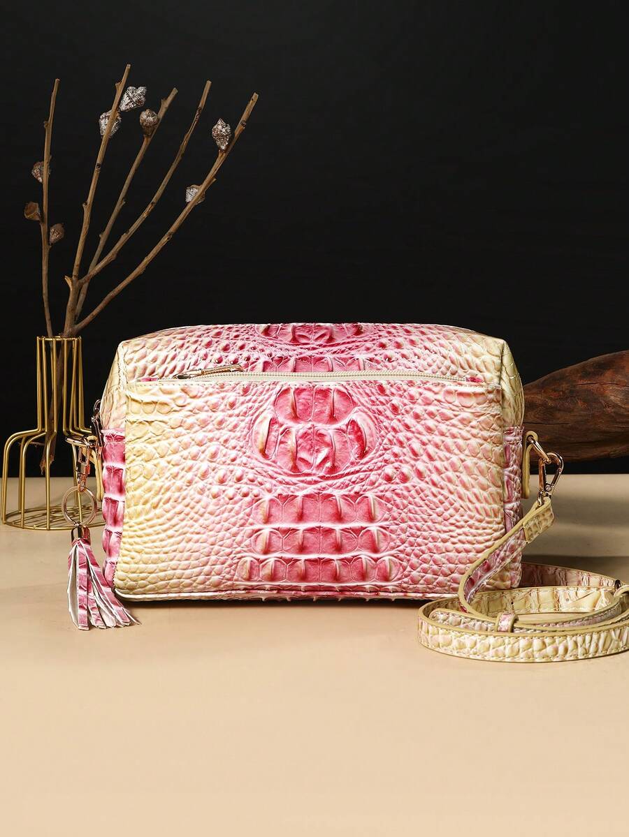 New Style Fashionable Crocodile Print Crossbody Bag, Women's Colorful Gradient Crocodile Print Small Square Bag - 13#pink+yellow - View 1