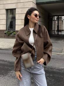 SHIBASHAN 秋季时尚翻领长袖拉链夹克带口袋休闲宽松外套 - 棕色 - 查看 4