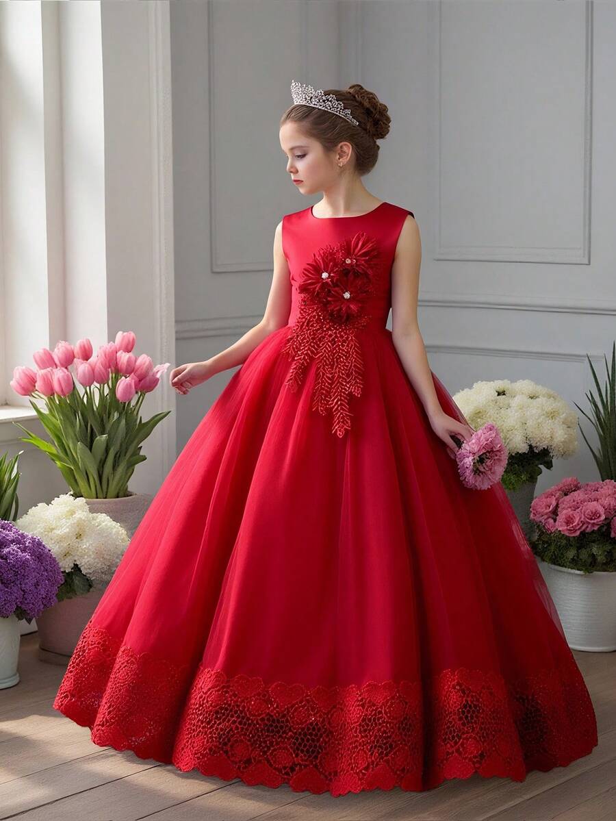 Tween Girls Solid Color Tulle 3D Floral Elegant Formal Dress, Suitable For Weddings And Parties, Excluding Headband - 酒紅色 - 查看 1