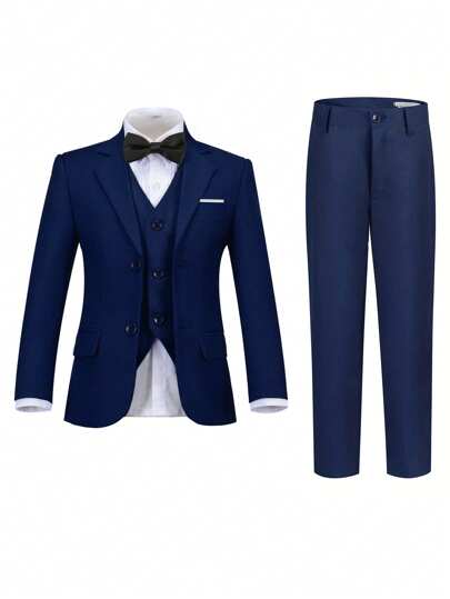 Boys Suits 5-Pieces Suit Set Toddler Tuxedos Dresswear Ring Bearer Outfit Wedding Blazer Vest Pants Shirts Tie Formal Suits For Kids Navy Blue Size 6-16Y