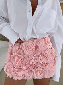 Women 3D Rose Flower Mini Skort Embellished Aline High Waist Pencil Bodycon Going Out Athletic Short Skorts - Pink - View 4