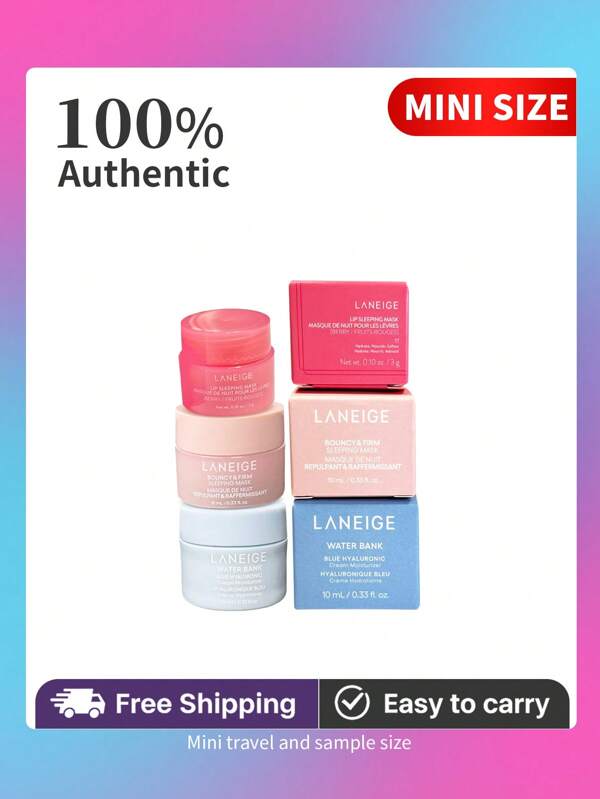 LANEIGE Mask Set And Sample Mini Travel Size:Lip Sleeping Mask[Berry/ Fruits Rouges] 3g/0.1oz+Water Bank Blue Hyaluronic Acid Cream Moisturizer 10ml/0.33fl.Oz+Bouncy& Firm Sleeping Mask 10ml/0.33fl.Oz