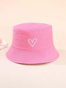 1pc Vintage Solid Color Heart Embroidery Kids Bucket Hat, Outdoor Sports Travel Sun Protection Sunscreen Bucket Hat For Boys And Girls