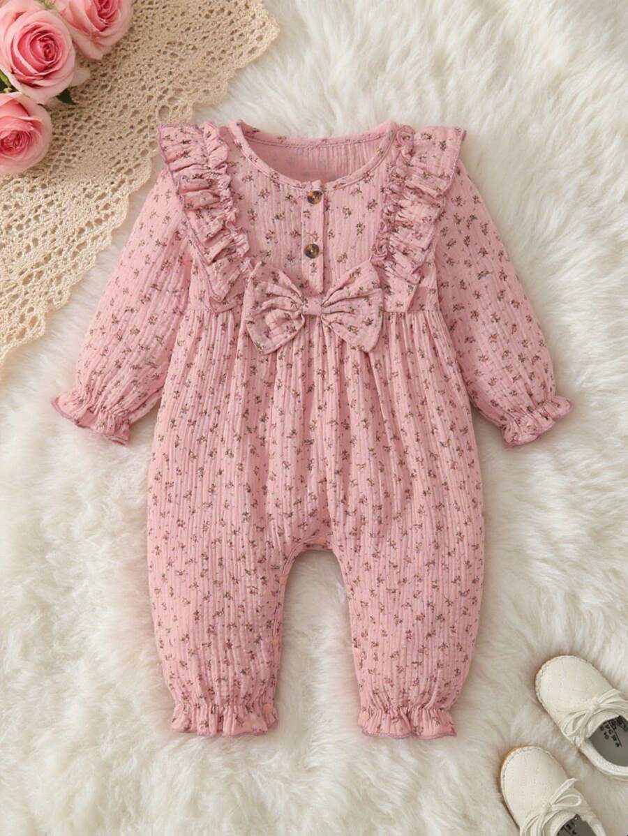 MommBaby Girl Ruffled Ditsy Floral Long Sleeve Romper, Cute Jumpsuit For Spring & Autumn