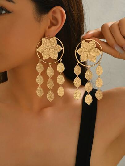 1 Pair Creative Flower Tassel Long Earrings, Elegant Asymmetrical Personalized Earrings For Summer