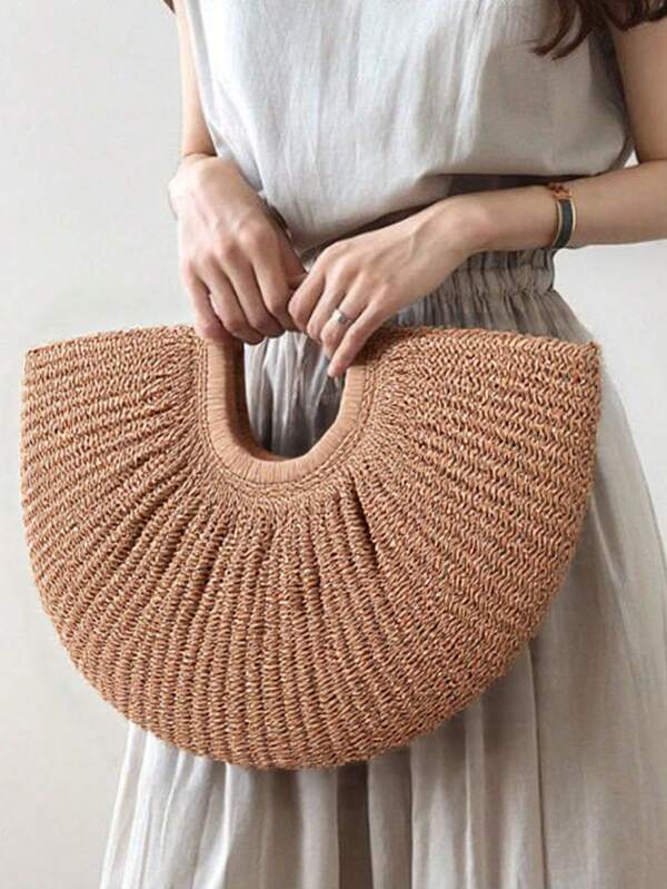 Beach Bag,Purses And Bags Women,Travel Essentials,Bags For Women,Handbags For Women,Holiday Essentials,Holiday Essentials,Purses,Beach Bags For Women,Beach Bag,Large Capacity Khaki Handbag Tote Bag Woven Bag Open Straw Bag Round Bag For Travel And Vacation Beach, Eye-Catching Beach Bag Summer