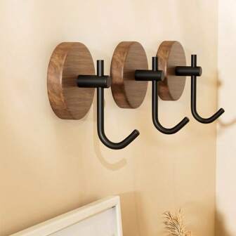 1pc Walnut Wood Door Mounted Hook With Adhesive, Single Wall Hook For Hanging Clothes Without Drilling