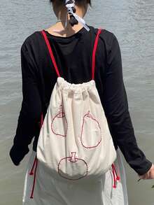 返校大红苹果学生背包，小众设计米色抽绳书包，百搭可爱，适合日常外出，适合大学生和高中生 - 米色 - 查看 4