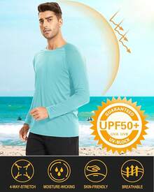 Camisas de manga larga para hombres UPF 50+ Protección solar UV Camisas deportivas para senderismo, correr, entrenamiento Rash Guard-2025 - Azul agua - Ver 5