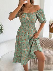 Váy ngắn tay bồng họa tiết hoa dây rút cho kỳ nghỉ giản dị dành cho nữ, Xuân/Hè - Màu xanh nhạt - Xem 3