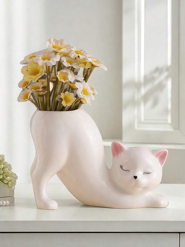 1pc Cartoon Cat Flower Pot Animal Cat Vase Flower Pot Resin Plant Container Flower Pot Flower Pot Suitable For Courtyard Home Living Room Garden, White