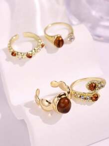 Set de 4 anillos con piedras preciosas simuladas de ojo de tigre de diseño de nicho, minimalista y versátil, un elegante regalo de joyería para mujeres