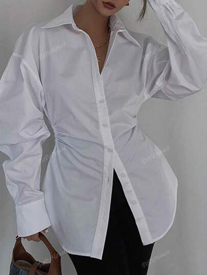 Camisa casual de manga larga con solapa, de color blanco liso, con botones al frente y plisados en la cintura, para mujer, para el otoño