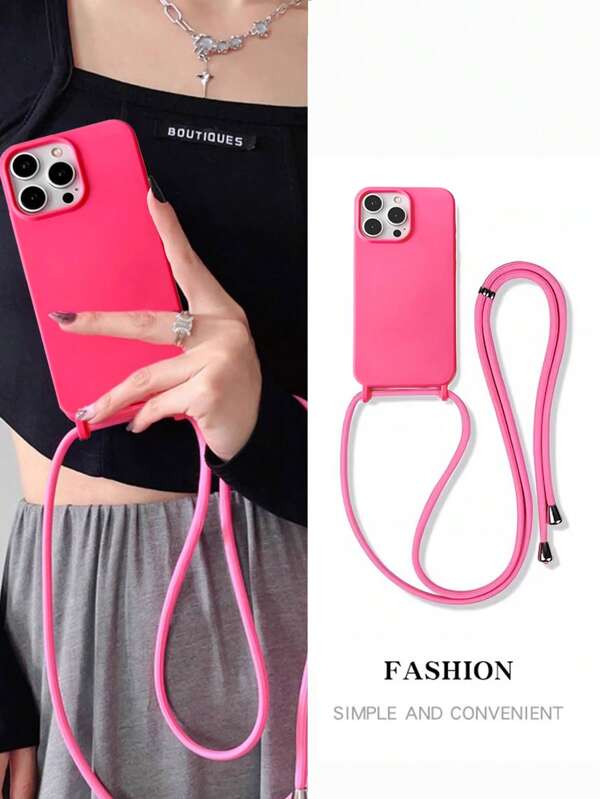 1pc Y2K Pink Shoulder Strap/Lanyard, Adjustable Crossbody Belt Compatible With IPhone 14 Promax/13 Soft Silicone Full Coverage Anti-Drop Phone Case