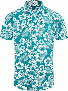 Big And Tall Men's Hawaiian Shirt - Short Sleeve, Tropical Floral Button Down Casual Summer Beach Shirthalloween - 綠色雞蛋花 - 查看 3