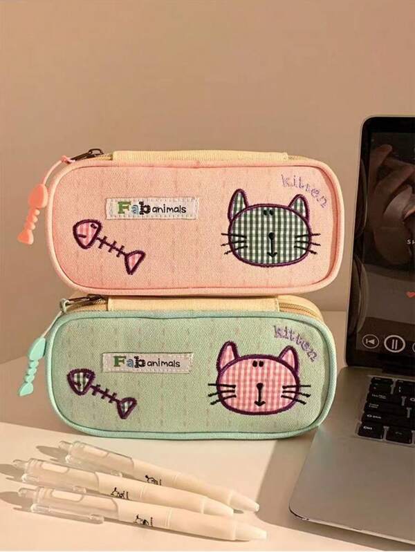 1pc Cute Cat Design Pencil Case, High Value Candy Color Contrast Color Pencil Box, Large Capacity Stationery Storage Bag, Unique Design,School Supplies,Back To School
