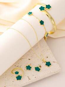 5pcs/Set Lucky Floral Stainless Steel & Shell Bracelet, Necklace, Earrings, Bracelet, And Ring Jewelry Set, New Arrival - Black - View 6