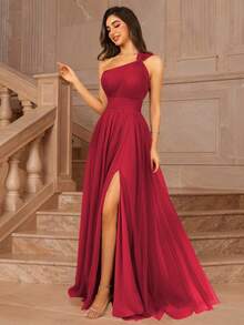 MOEVIO 女士不对称单肩交叉领口薄纱露背A字型正式长款伴娘婚礼宾客活动礼服，适合夏季情人节生日礼服、秋季女装、返校节生日女士服装 - 紅色 - 查看 3