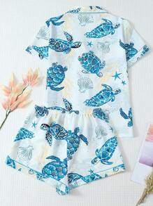 2pcs Comfortable Turtle & Shell Print Polo Collar Button Short Sleeve Top With Pockets And Bow Shorts Pajamas Set, For Spring & Summer Home Wear - Blue - View 2