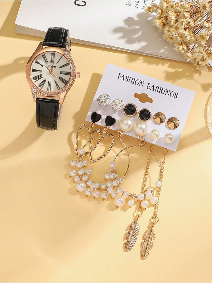 2 peças/Conjunto Relógio de Estilo Vintage com Pulseira de Couro e Números Romanos + Conjunto Variado de Brincos, Uso Diário Versátil, Sem Caixa de Presente