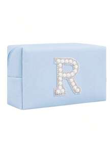 女士八角形化妆包，PU字母化妆包，便携式雪尼尔字母拉链化妆包，字母贴片PU皮革防水旅行洗漱包，字母组合化妆袋（字母A~Z），适合秋季家居装饰 - 藍色+珍珠字母 A-Z - 查看 31