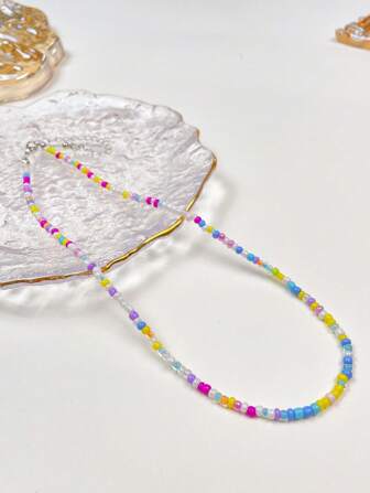 1pc Bohemian Minimalist Solid Color Beaded Woven Choker Necklace, Suitable For Women, Party And Daily Matching